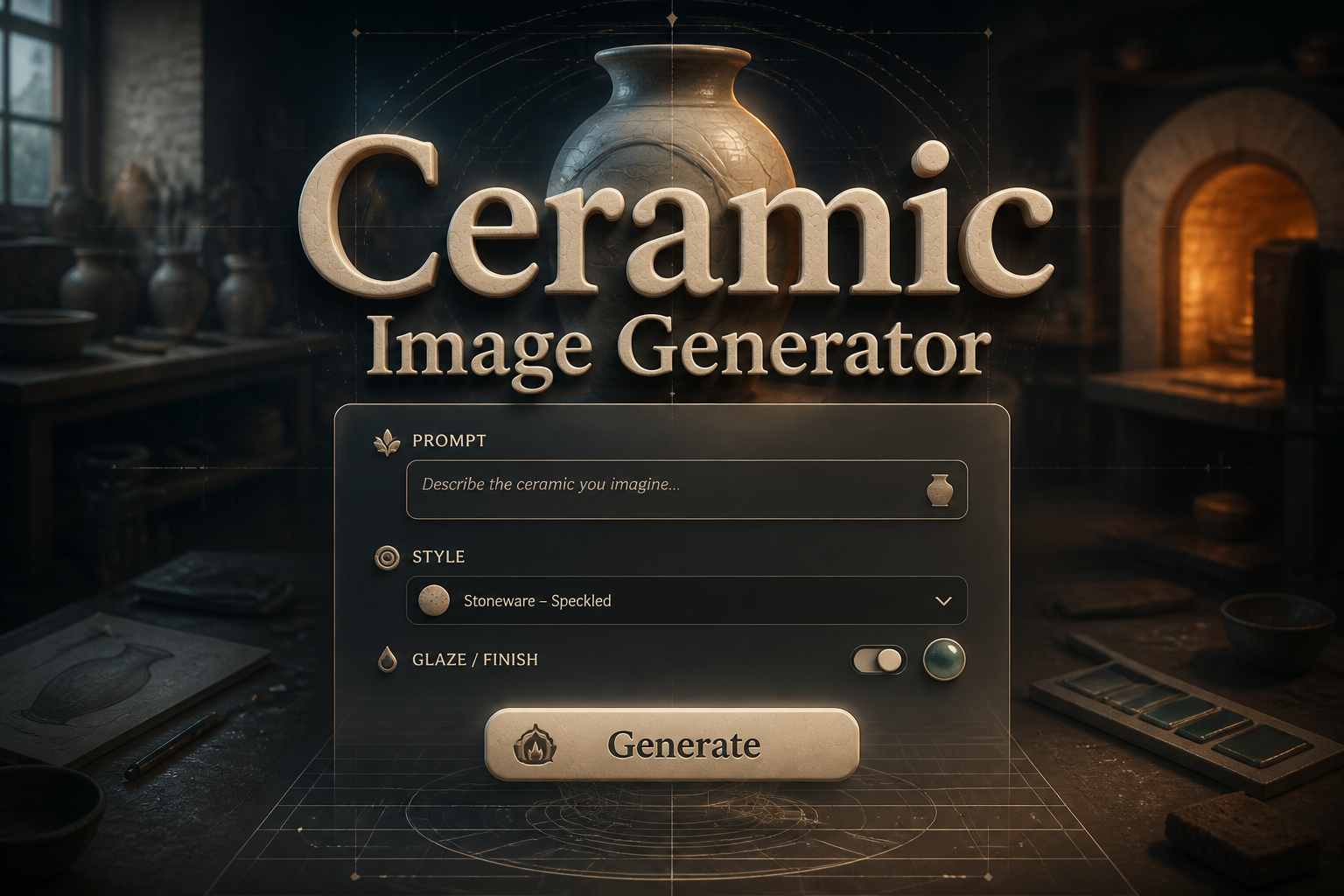 Centered hero graphic for a ceramic image generator showing the title Ceramic Image Generator above a refined UI panel with prompt, style dropdown, glaze toggle, and Generate button over a faded ceramic studio background with subtle grid marks.