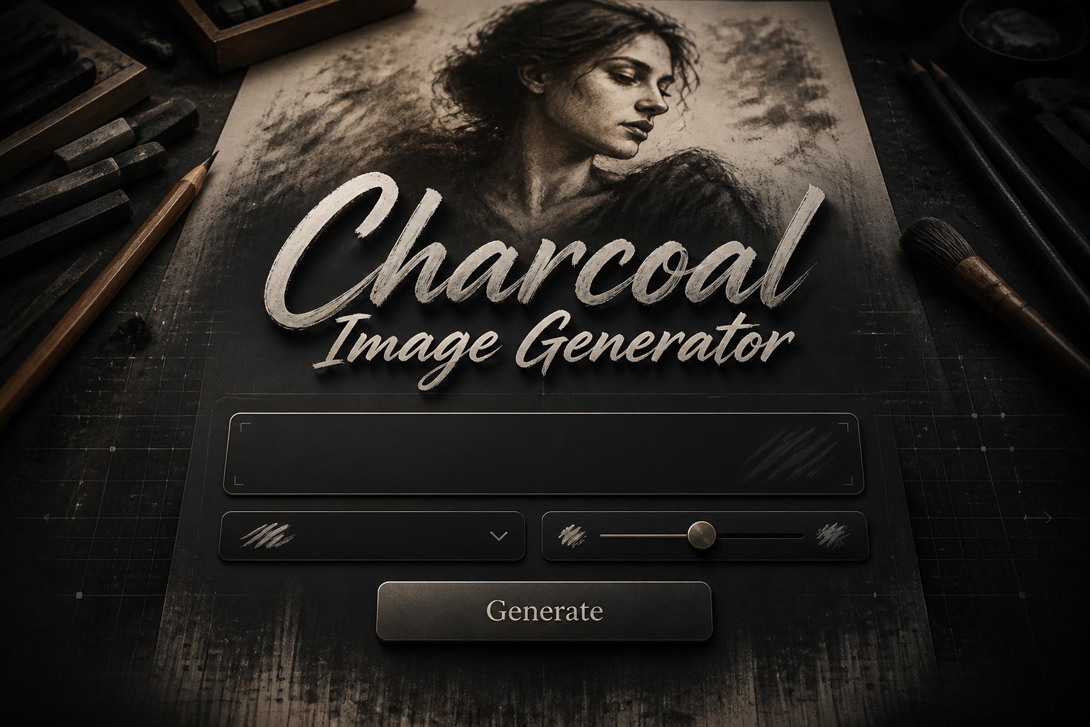 Centered hero graphic for a charcoal image generator showing the title "Charcoal Image Generator," a prompt input field, style dropdown, strength toggle, and Generate button over a sleek charcoal sketch workspace with subtle grid lines and alignment arrows.