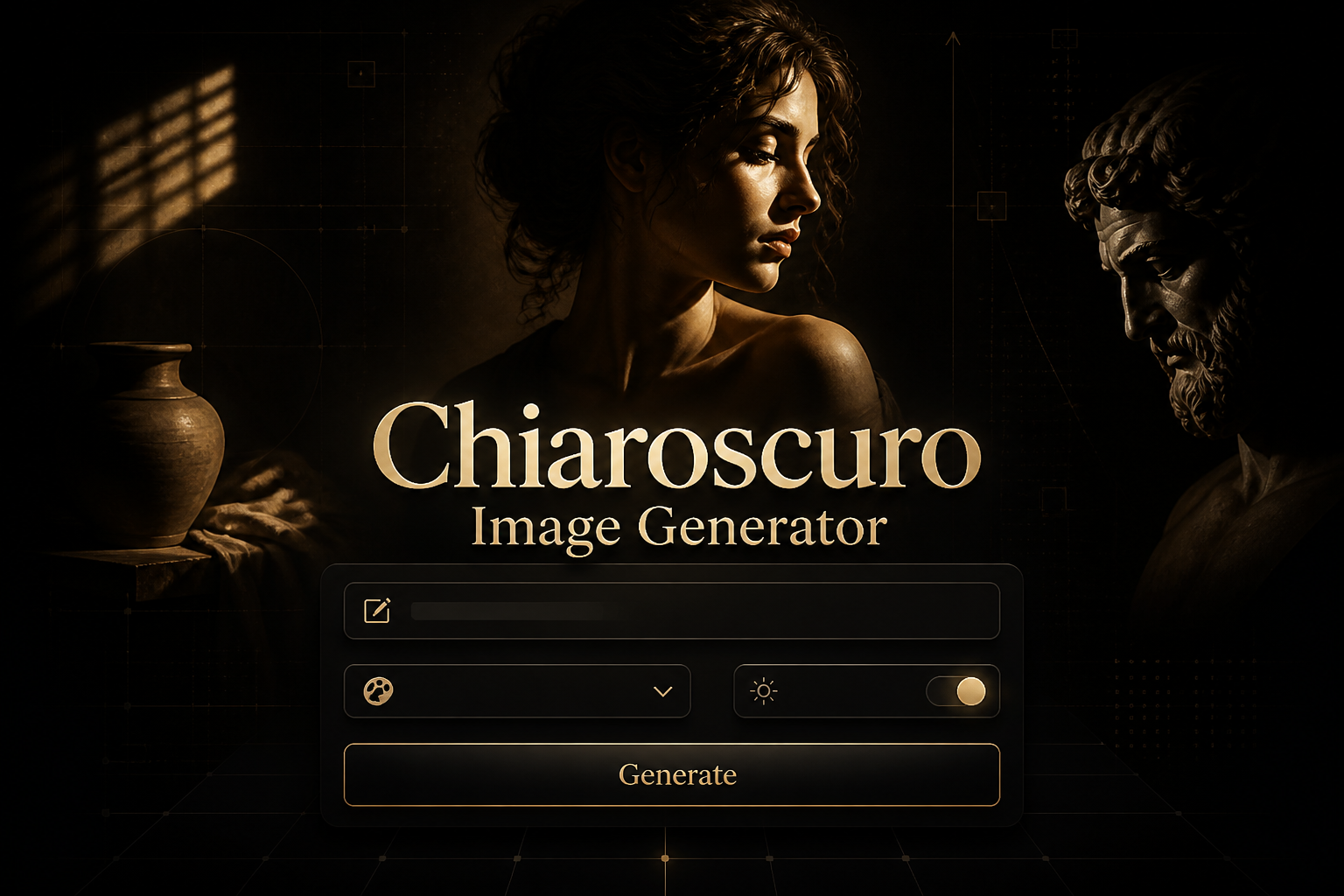 Centered hero graphic for a chiaroscuro image generator with a shadowed title, refined prompt field, style dropdown, intensity toggle and Generate button over a moody high-contrast portrait background with subtle UI grid accents.