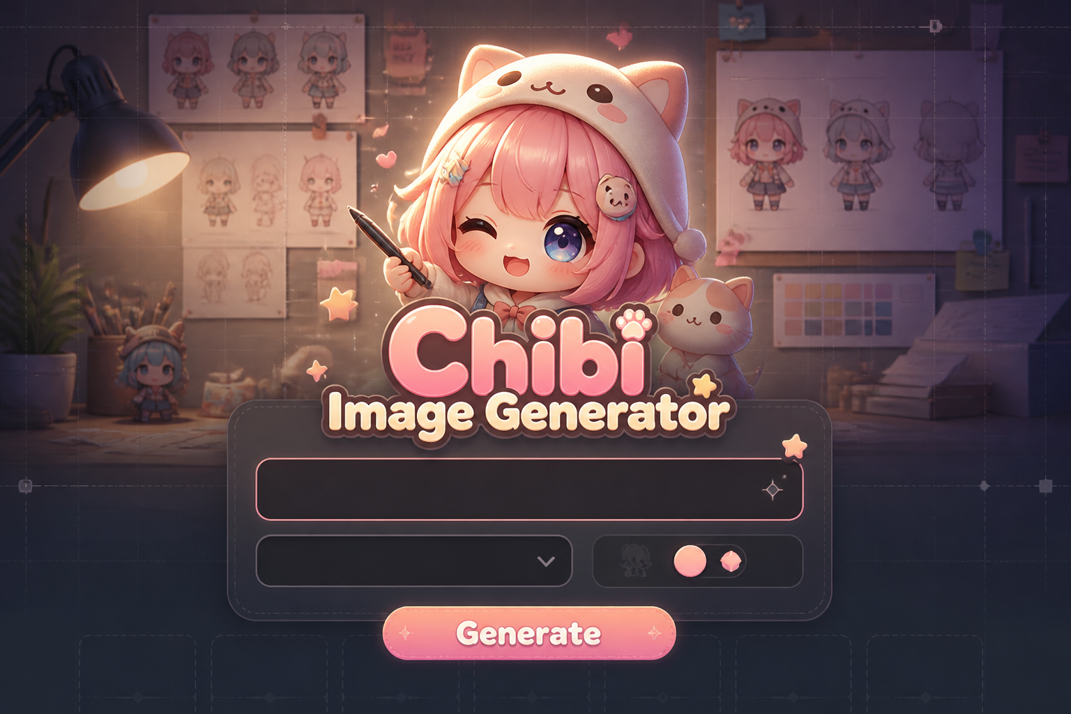 Centered hero graphic for a Chibi Image Generator tool with the title text, a character prompt input, compact style dropdown, chibi proportions toggle, and Generate button, set over a playful premium UI with pastel tones and faint grid lines.