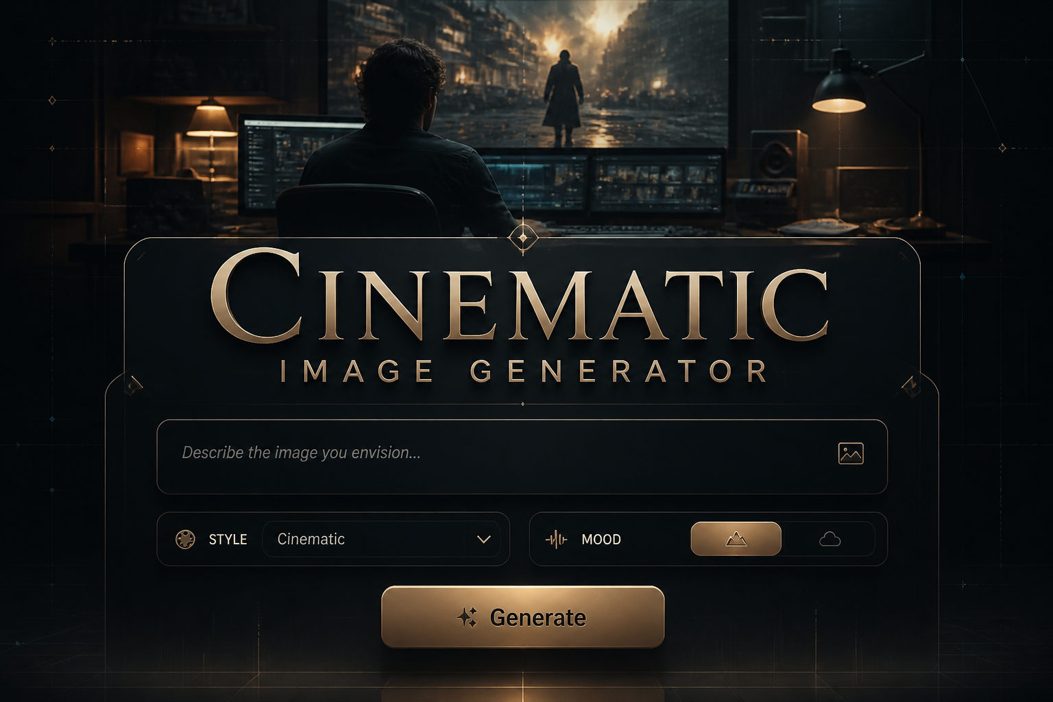 Cinematic Image Generator appears in a polished hero-style UI with a prompt field, style dropdown, mood toggle, and Generate button over a cinematic filmmaker editing scene, ideal for a cinematic image generator and AI cinematic hero image.