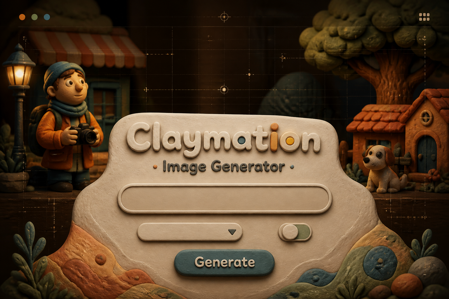 Centered hero image for a claymation image generator tool with "Claymation Image Generator" text, a prompt field, dropdown, toggle, and Generate button over clay figures and premium UI accents in a claymation image generator layout.