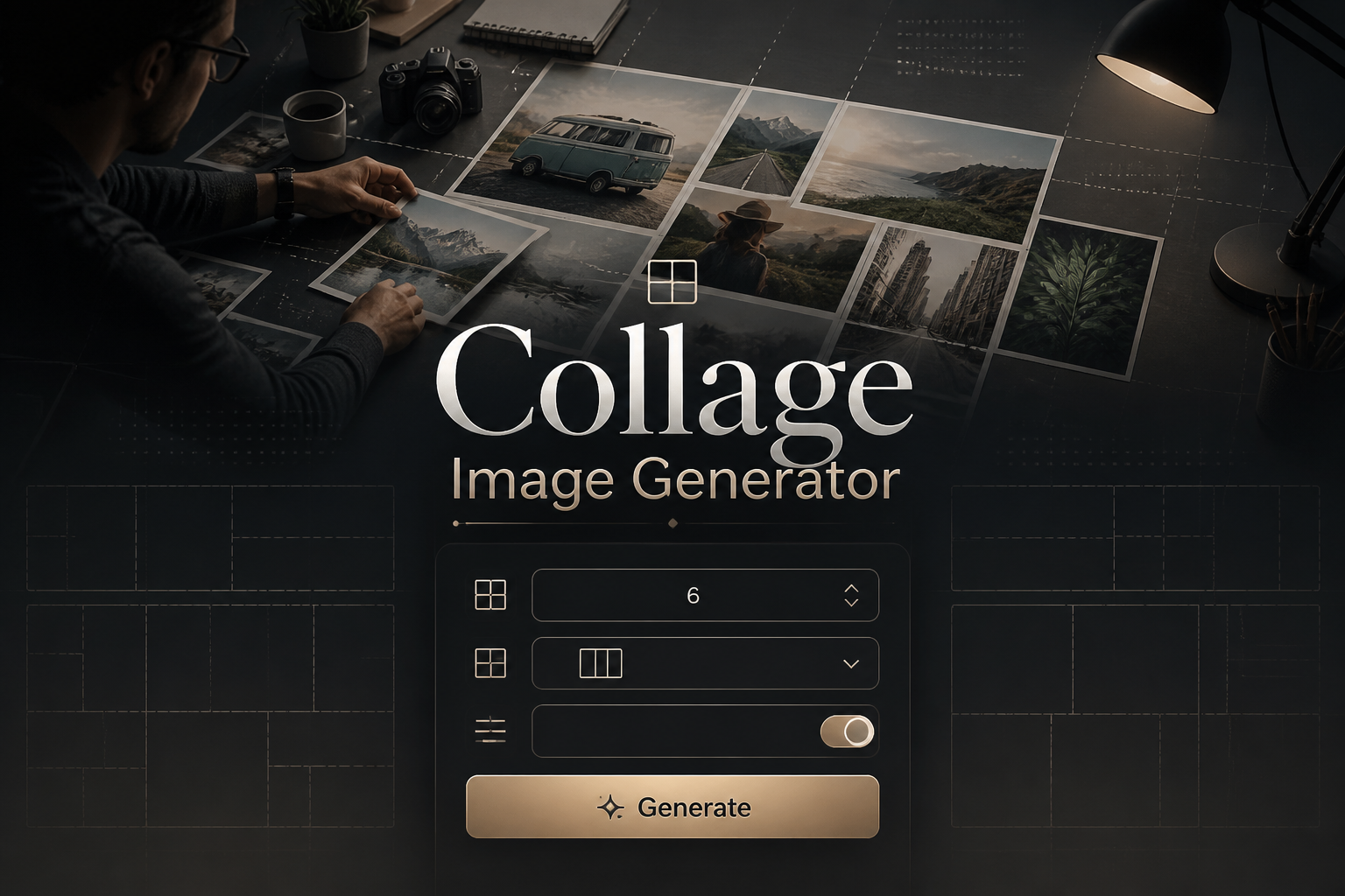 Featured hero graphic for a collage image generator tool with centered panel, image count field, layout style dropdown, auto alignment toggle, and Generate button over a designer workspace with grid layout maker UI and collage creator interface styling