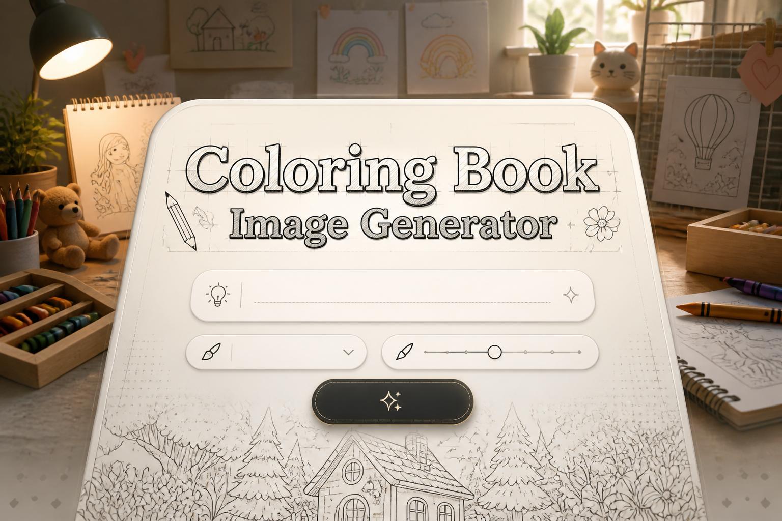 Centered hero graphic for a coloring book image generator tool showing a sleek UI panel with prompt field, style dropdown, line-art intensity toggle, and Generate button, over a child-friendly creative workspace with sketchbooks and crayons.