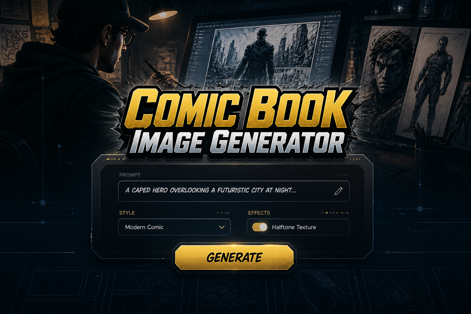 Centered comic-style hero graphic with the title Comic Book Image Generator, a prompt field, style dropdown, effects toggle, and Generate button, plus a sleek comic book image generator interface over a designer-workspace background.