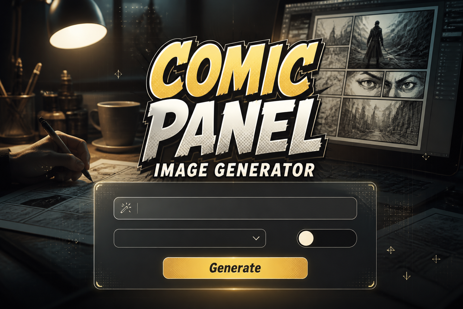 Comic Panel Image Generator hero image showing a polished comic creation UI with a prompt field, panel style dropdown, speech bubble toggle and Generate button over a high-contrast comic workflow scene, ideal for comic panel maker tool design.