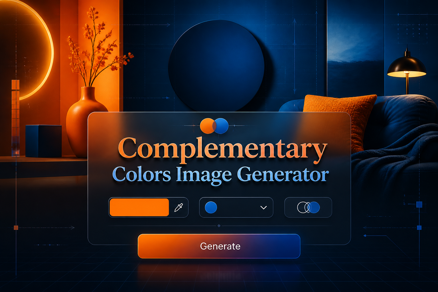Centered hero image for a complementary colors image generator showing a polished UI panel with a color swatch input, complementary hue dropdown, harmony toggle, and Generate button, over a vivid color pairing inspiration scene.