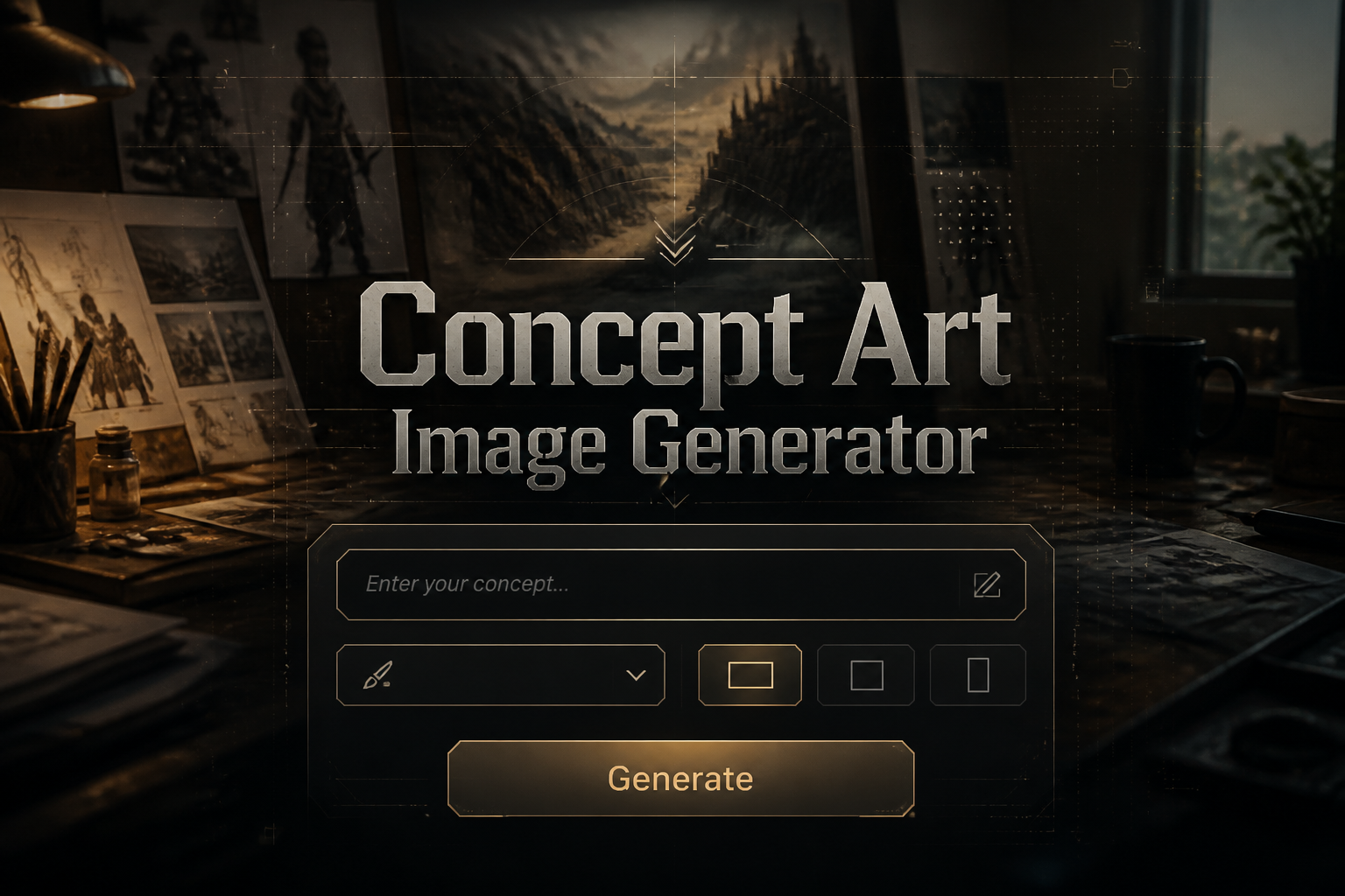 Featured hero image of a concept art image generator interface with a centered prompt field, style dropdown, aspect ratio toggle, and Generate button, set over a cinematic artist desk backdrop with sleek UI details and subtle grid lines.