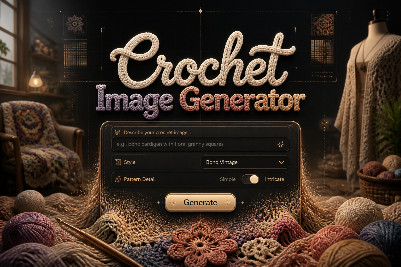 Centered hero image for a crochet image generator tool showing the title text, a prompt field, style dropdown, detail toggle, and Generate button, with the panel fading into yarn, stitches, and a premium crochet UI concept background.
