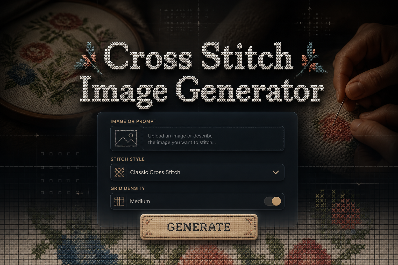 Centered hero graphic for a cross stitch image generator tool with a stitched-style "Cross Stitch Image Generator" title, refined upload field, stitch style dropdown, grid toggle, and Generate button fading into embroidered fabric and needlework hands.