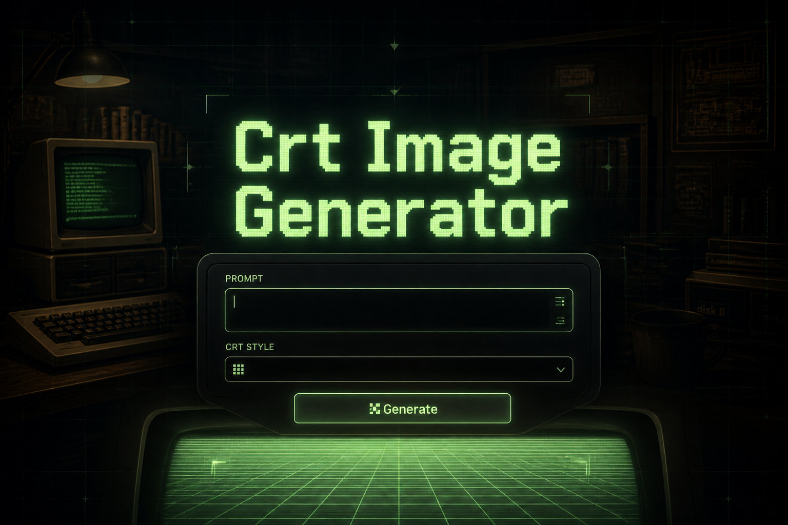 Centered hero image for a crt-image-generator tool with the title Crt Image Generator in soft-shadow CRT-style typography, a prompt input, CRT style dropdown, and Generate button, set over a sleek retro workstation with grid lines and glow accents.