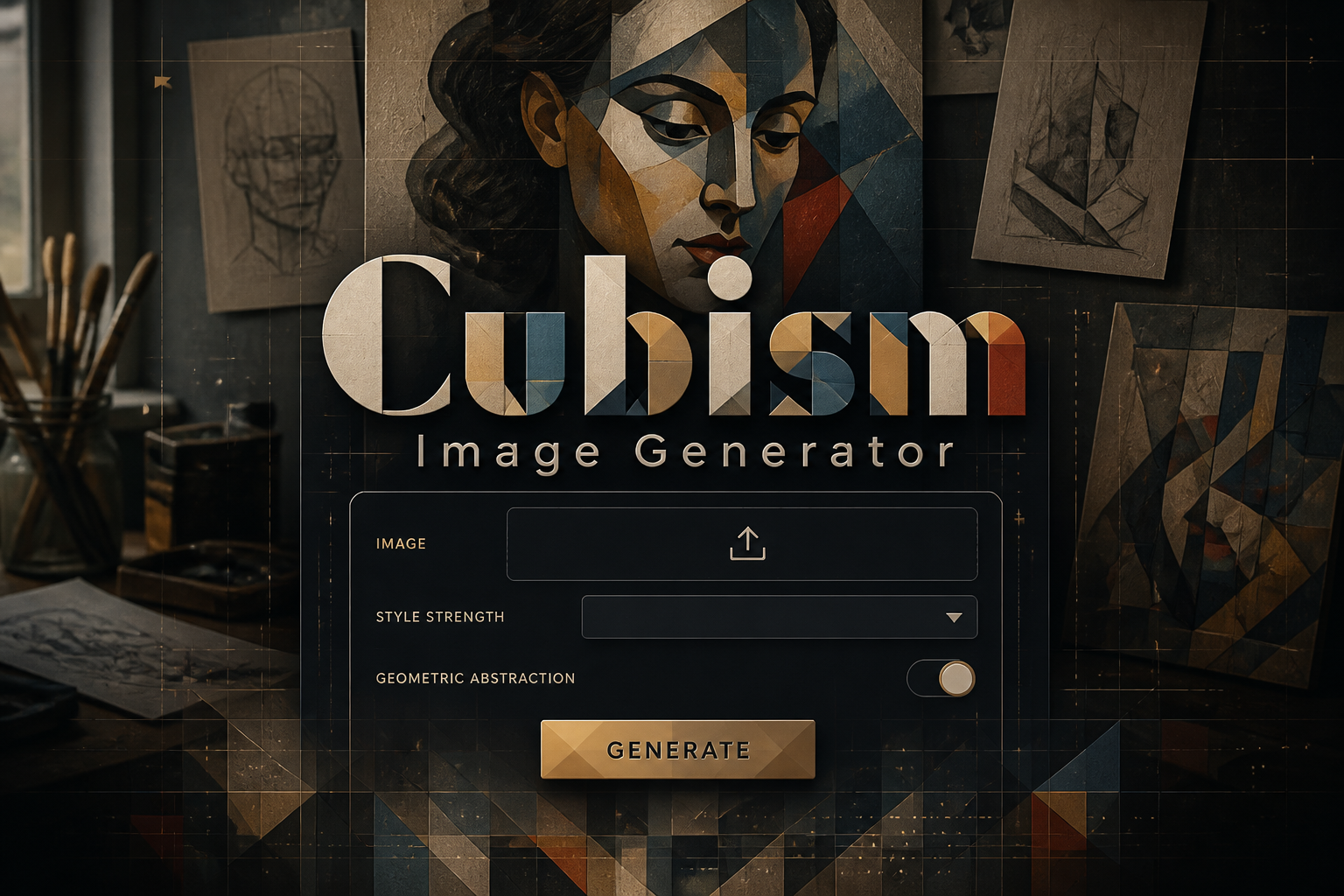 Centered hero graphic for a Cubism Image Generator with a refined panel, upload field, style strength dropdown, geometric abstraction toggle, and Generate button, fading into a cubist studio backdrop with portrait sketches and subtle grid lines.