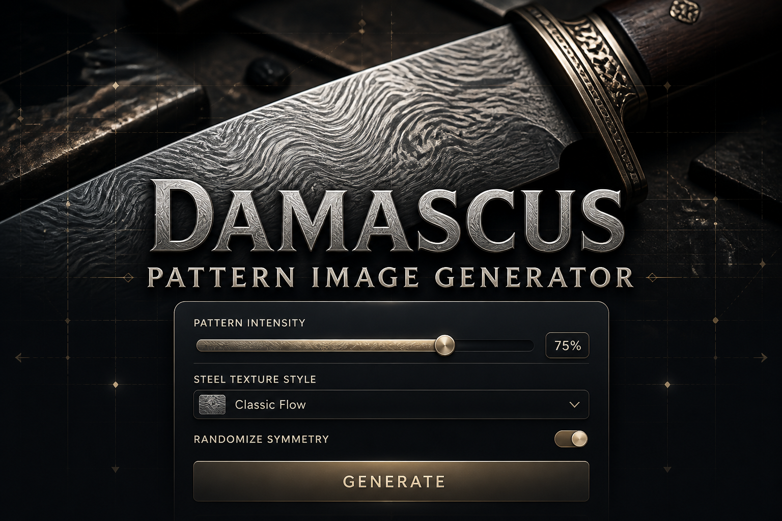 Centered hero graphic for a Damascus Pattern Image Generator showing a refined UI panel with pattern intensity input, steel texture style dropdown, randomize symmetry toggle, and Generate button over a premium steel blade background with faint grid lines and alignment arrows.