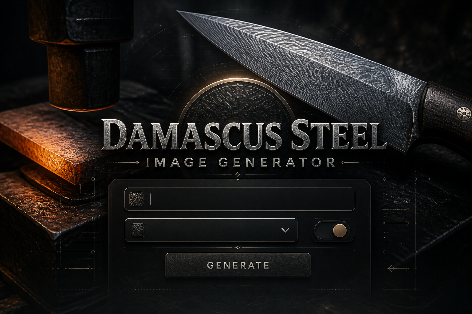 Centered hero graphic for a Damascus steel image generator, with a polished UI panel, steel pattern prompt field, blade finish dropdown, contrast toggle, and Generate button over a forged-metal background and finished Damascus blade.