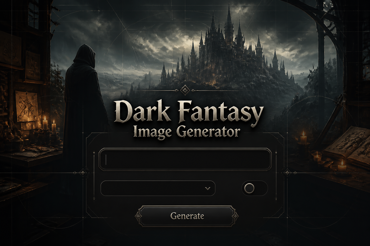 Dark fantasy image generator hero graphic with the title text and a sleek UI panel showing a scene prompt field, blank dropdown, dark toggle, and Generate button over a cinematic workshop with an ominous castle, glowing fog, and subtle grid lines.