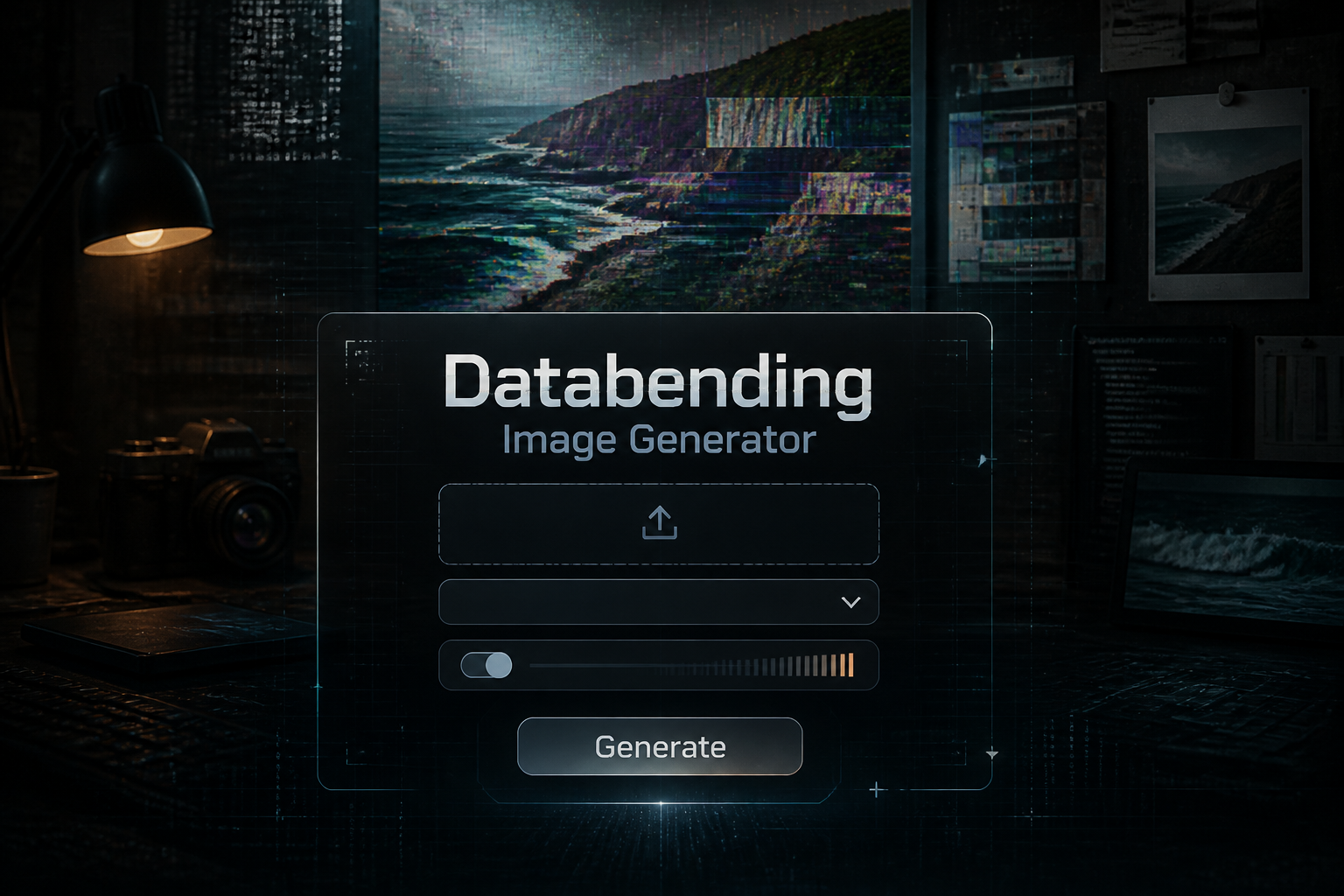 Centered hero UI for a databending image generator with the title "Databending Image Generator," a file upload field, minimalist dropdown, glitch intensity toggle, and Generate button over a subtle corrupted digital imagery background.