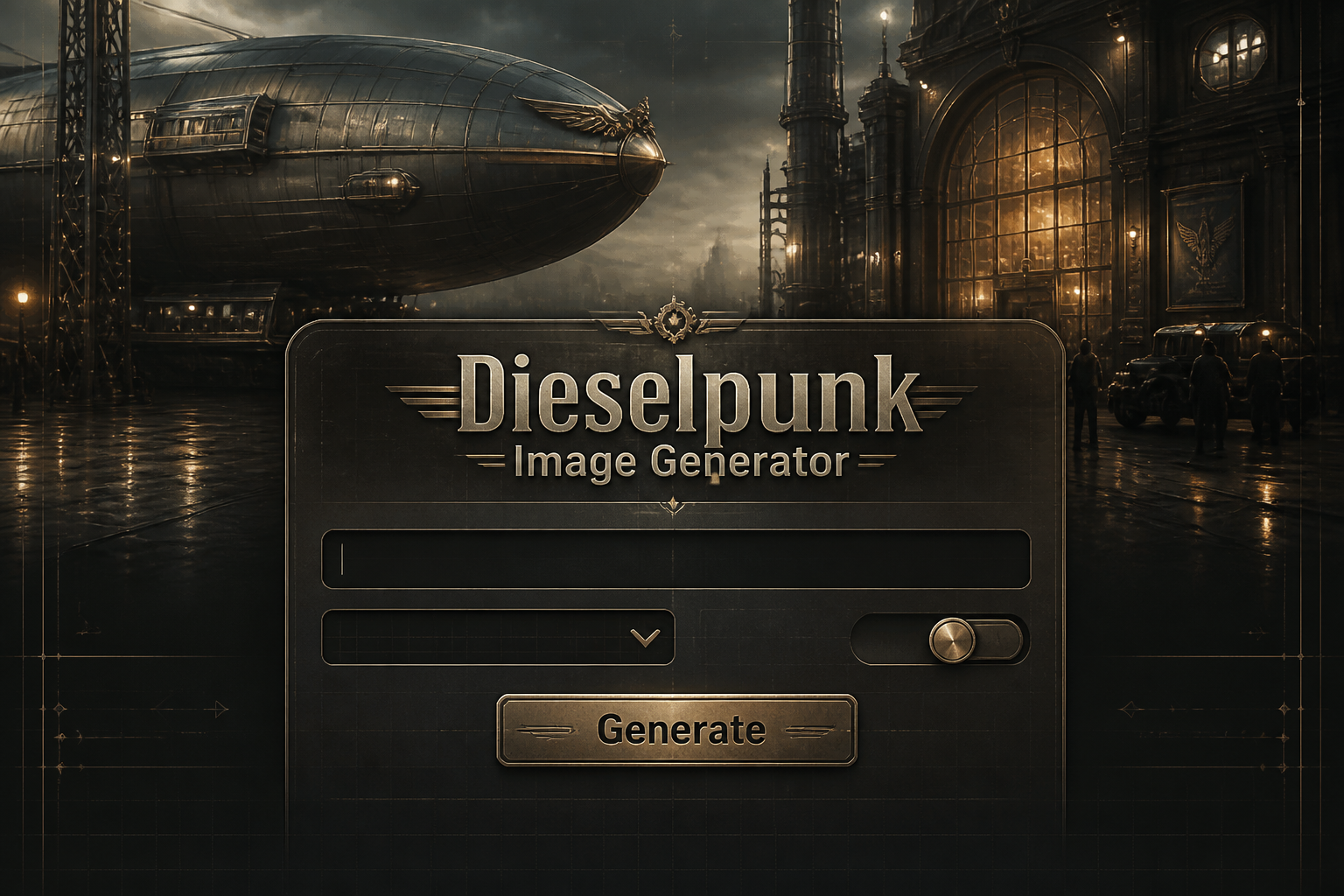 Centered dieselpunk hero banner with the title Dieselpunk Image Generator over a refined UI panel, a prompt field, style dropdown, mode toggle and Generate button, set against a dramatic dieselpunk image generator tool concept background.