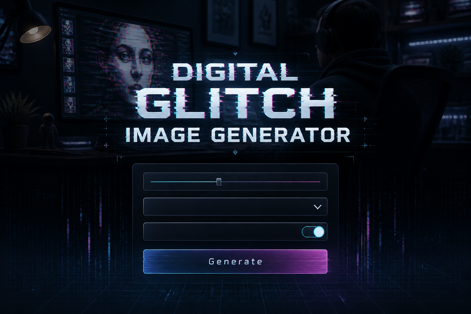 Centered sleek hero graphic with the title Digital Glitch Image Generator above a refined UI panel, showing a glitch intensity input, style dropdown, distortion toggle, and Generate button over a moody digital creator workspace background for digital glitch image generator tool design.