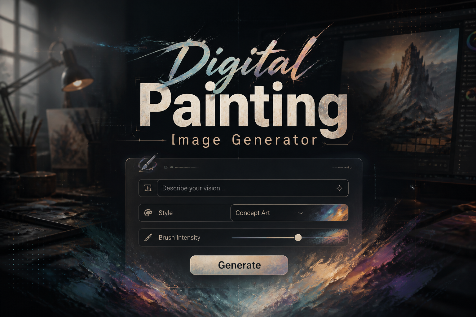 Centered hero graphic for a digital painting image generator with the title Digital Painting Image Generator, a prompt field, style dropdown, brush intensity toggle, and Generate button, over a sleek artist desk and abstract grid background.