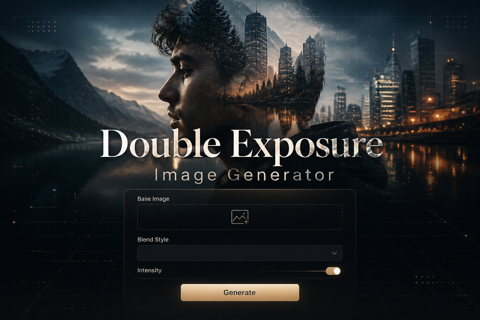 Centered hero graphic for a double exposure image generator tool with the title "Double Exposure Image Generator," a refined panel showing Base Image, Blend Style, Intensity, and Generate, over a blended city-and-landscape double exposure background.