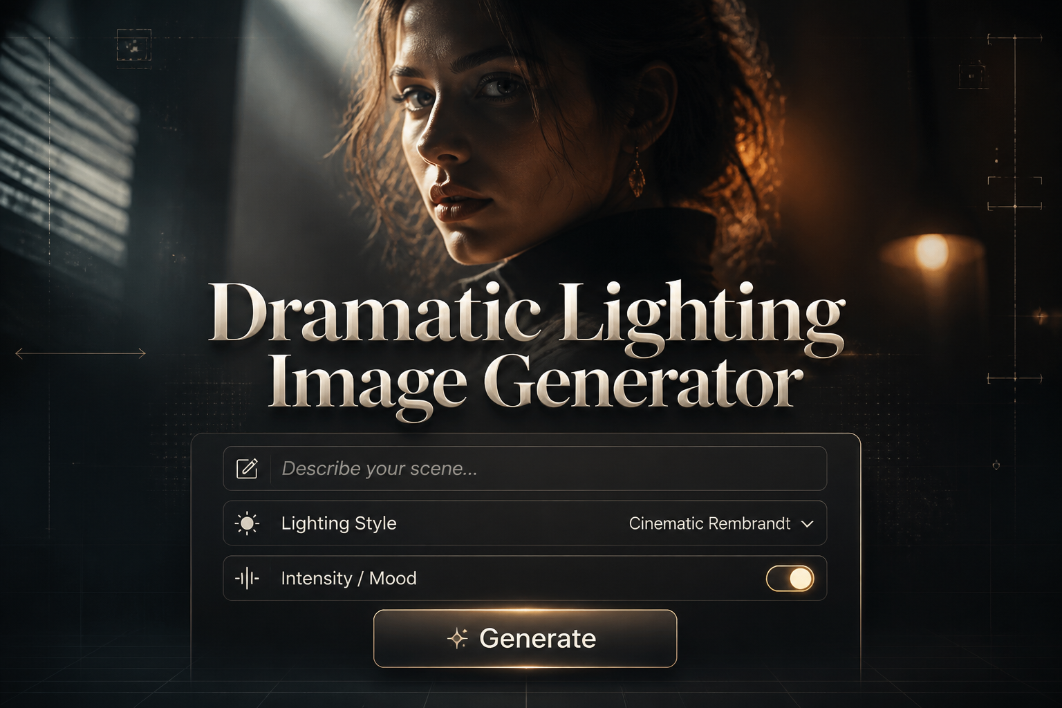 Centered hero graphic for a dramatic lighting image generator, with a refined UI panel, one scene prompt field, lighting style dropdown, intensity toggle, and Generate button over a cinematic portrait lighting background with subtle grid lines.