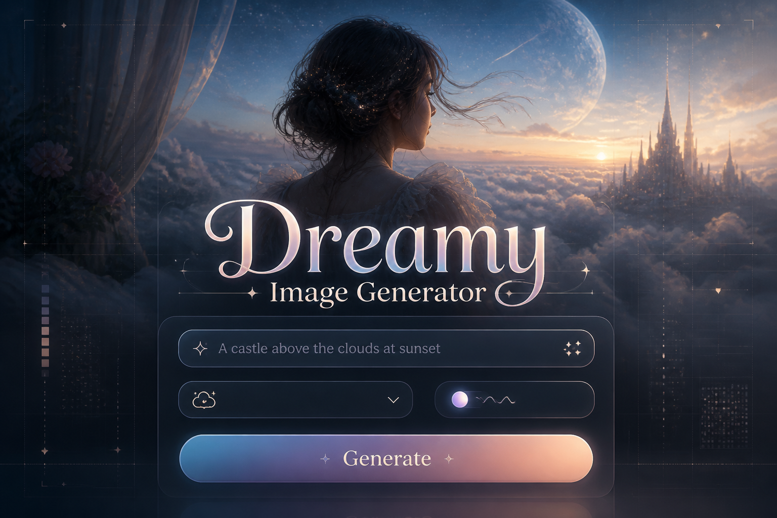 Dreamy Image Generator headline with soft layered shadow sits above a sleek panel with prompt, style dropdown, creative variation toggle, and Generate button, in a premium dreamy image generator hero design with faint grid hints.