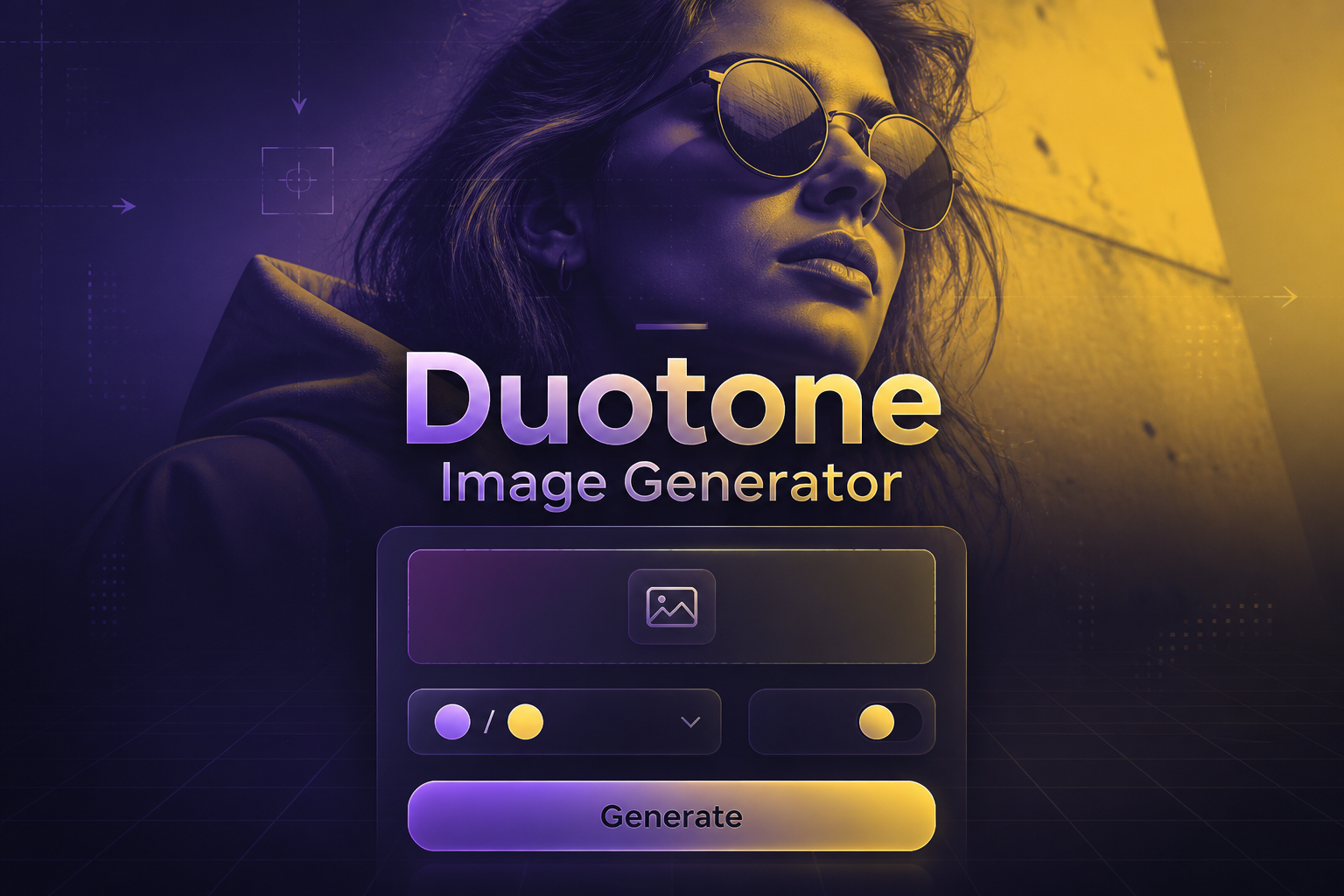Centered hero graphic for a duotone image generator with the title Duotone Image Generator, a refined upload field, duotone color pair dropdown, tone intensity toggle, and Generate button over a sleek high-contrast UI with subtle grid lines and a fading real-life background.
