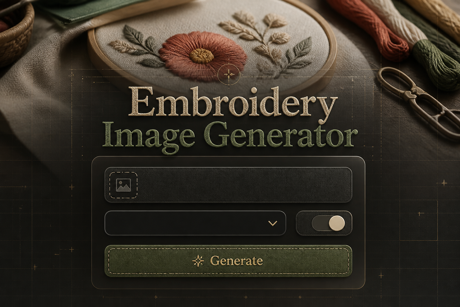 Centered hero graphic for an embroidery image generator with the title Embroidery Image Generator, a minimal input form, dropdown, stitch-style toggle, and Generate button, over a premium embroidery workspace with subtle grid lines and alignment markers.