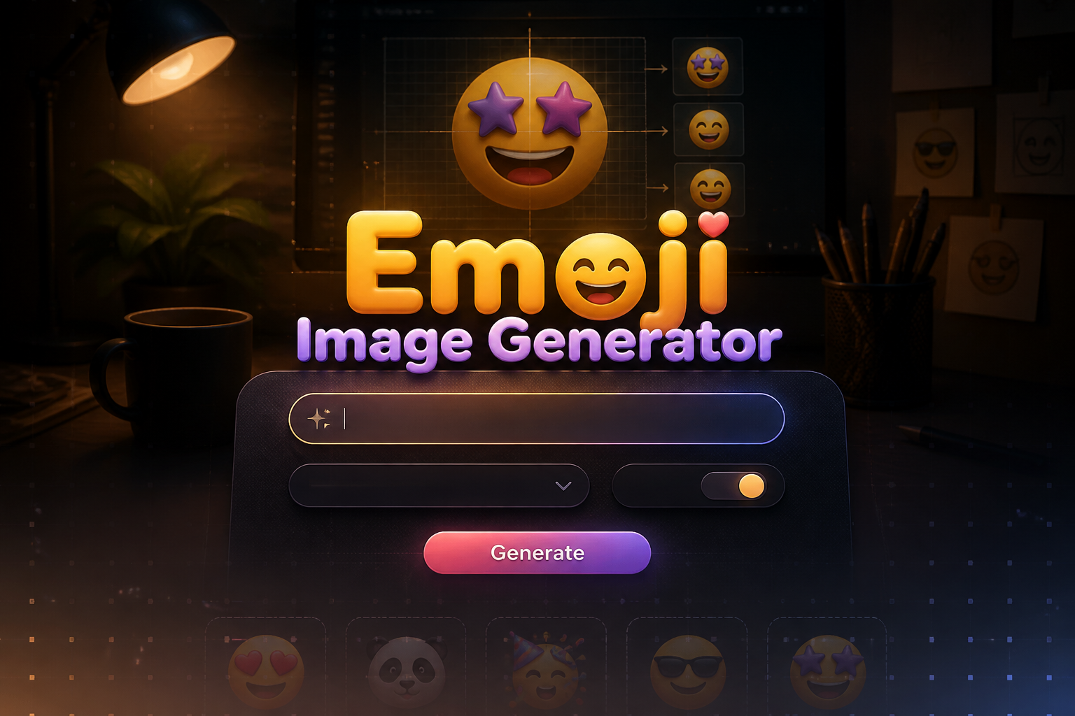 Centered premium hero UI for Emoji Image Generator showing a refined panel with emoji keyword input, style mood dropdown, variation toggle, and Generate button, set over a dark fading creative workflow background with subtle grid lines and arrows.
