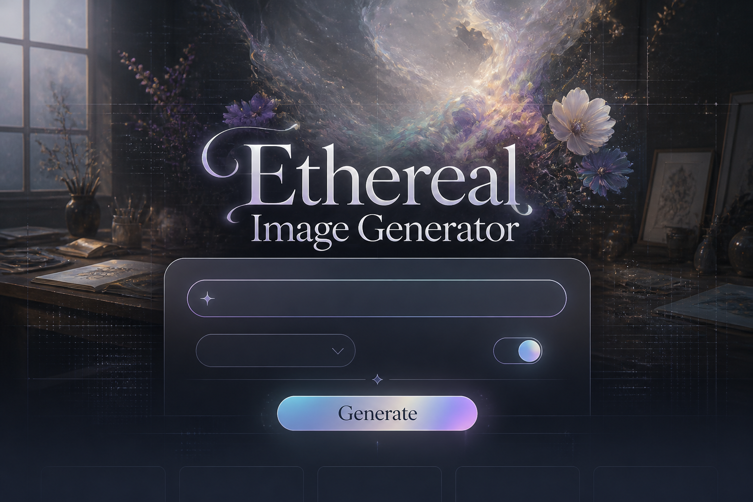 Centered hero mockup for an ethereal image generator showing the title Ethereal Image Generator, a prompt field, dropdown, toggle, and Generate button over a luminous sleek UI with faint grid lines and an abstract creative workflow background.