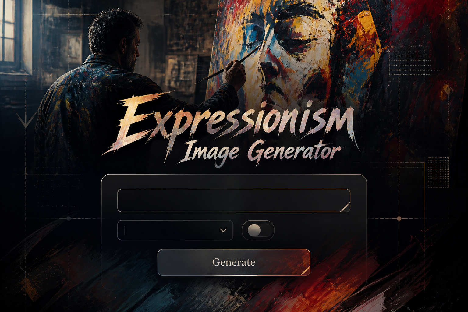 Centered hero graphic for an expressionism image generator, with "Expressionism Image Generator" in soft-shadowed artistic typography above a refined UI panel of input fields, dropdown, toggle, and Generate button fading into painterly brushstrokes.