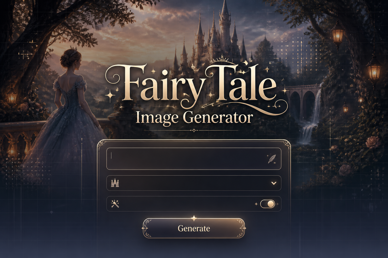 Hero image for a fairy tale image generator showing the title Fairy Tale Image Generator above a sleek fantasy UI panel with a story prompt field, fairy tale style dropdown, magic detail toggle, and Generate button on a dark magical background.
