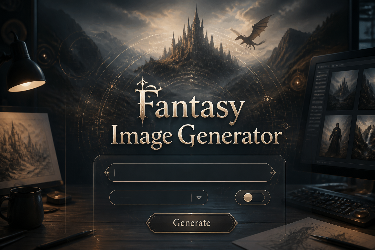 Fantasy Image Generator hero graphic showing a centered sleek fantasy prompt panel with one input field, style dropdown, creativity toggle, and Generate button, over a dark polished scene with faint grid lines and premium UI accents.