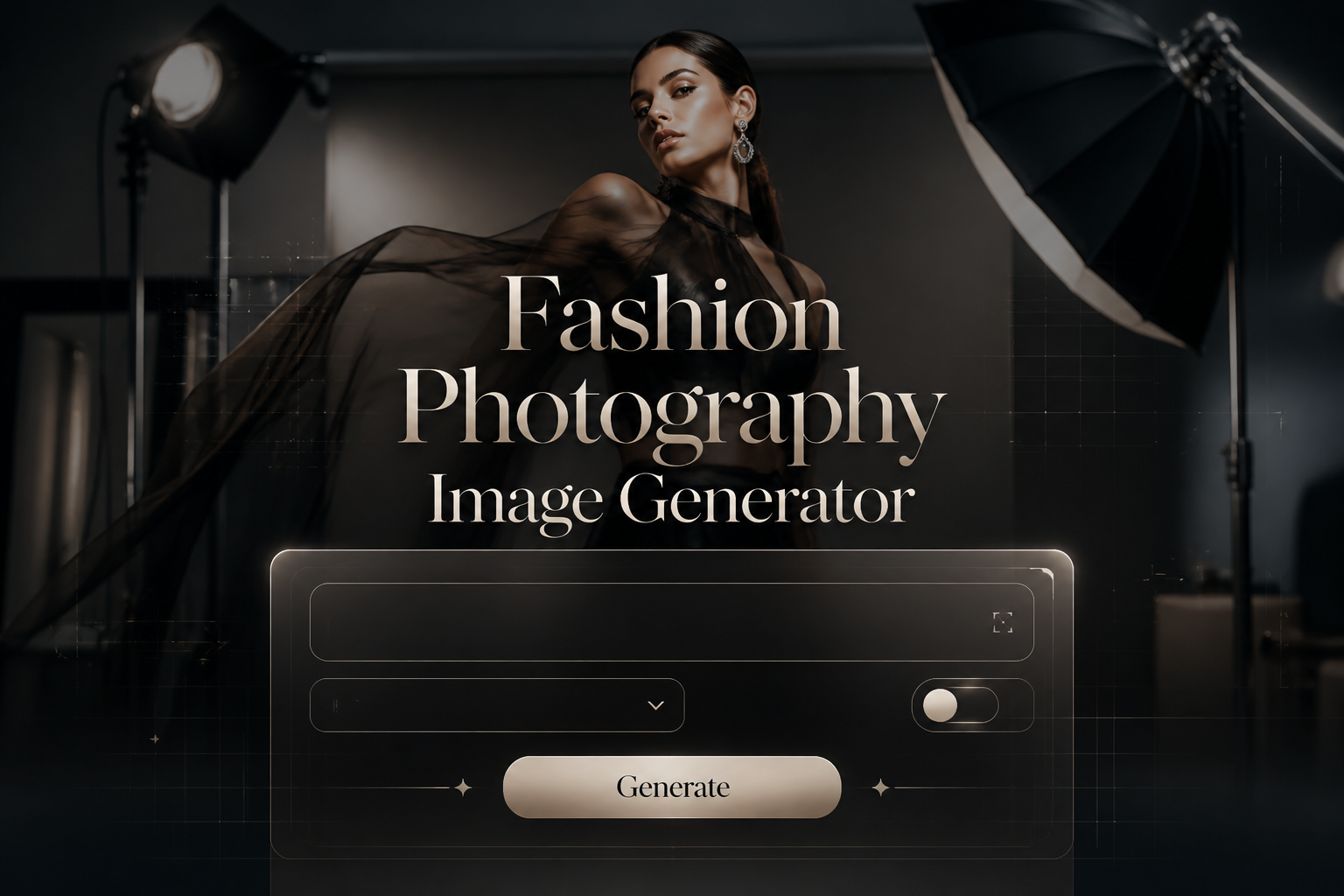 Hero image for a fashion photography image generator showing centered elegant title text, a refined UI panel with prompt field, style dropdown, toggle, and Generate button, over a moody fashion studio scene with model, lights, and subtle grid accents.