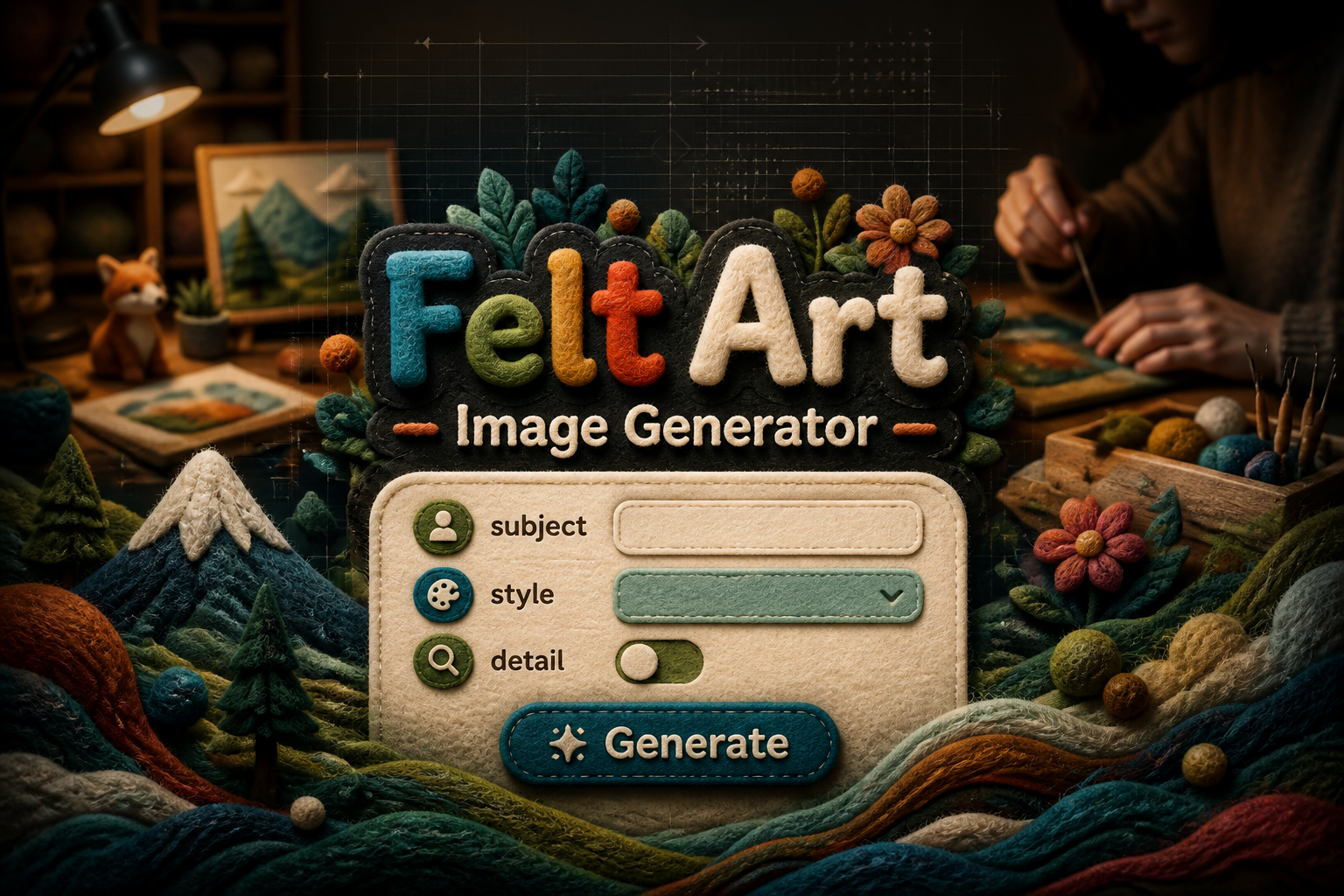 Centered hero image with the title Felt Art Image Generator, a refined UI panel showing subject, style dropdown, detail toggle, and Generate button, blending into layered felt textures for a felt art image generator tool.
