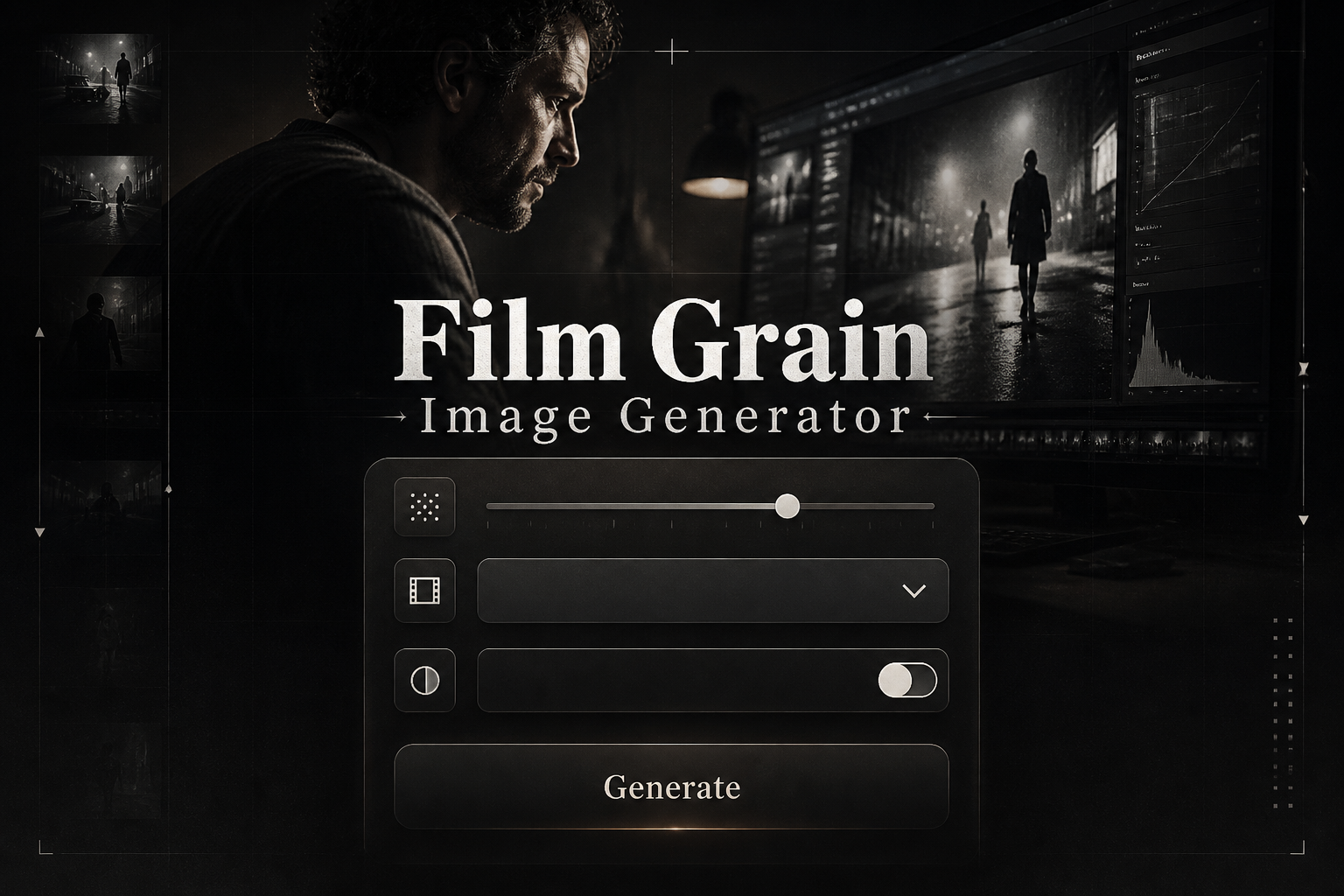 Centered hero graphic for a Film Grain Image Generator with a sleek UI panel, grain intensity field, film style dropdown, monochrome toggle, and Generate button over a cinematic photo editing background with subtle grid details.