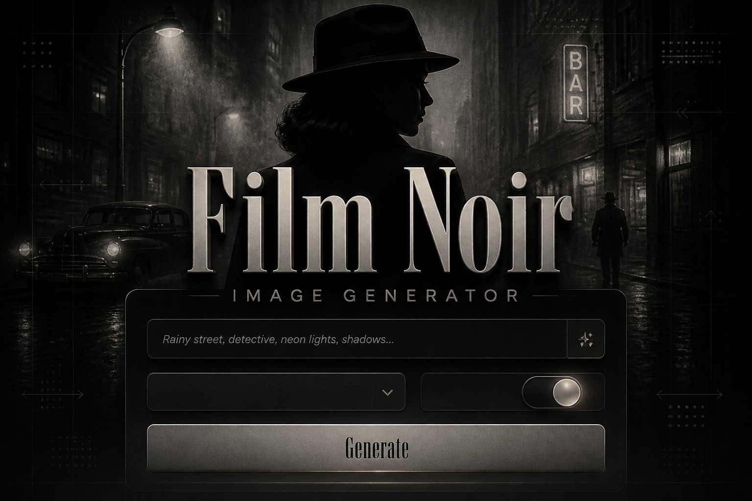 Centered hero image for a film noir image generator tool shows the title text over a sleek UI panel with a prompt field, mood dropdown, contrast toggle, and Generate button, set against a shadowy detective street scene with smoky highlights and a fedora silhouette.