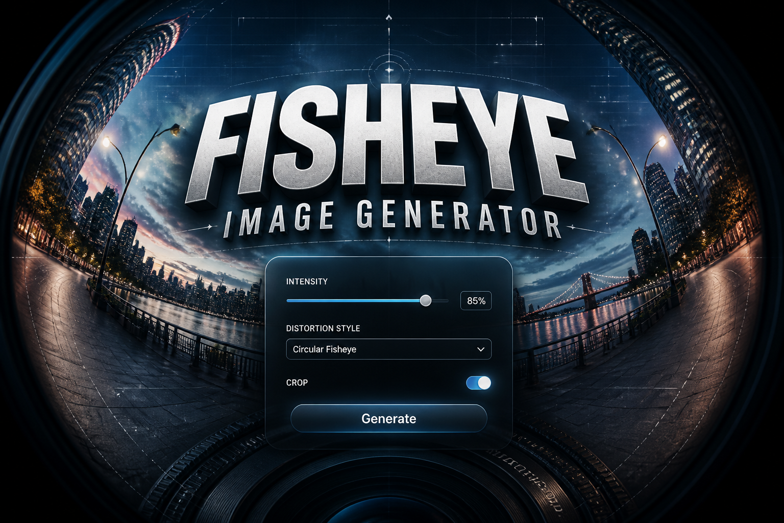 Centered hero graphic for a fisheye image generator with a glowing "Fisheye Image Generator" title, lens intensity field, distortion style dropdown, crop toggle, and Generate button over a sleek curved wide-angle camera interface background.