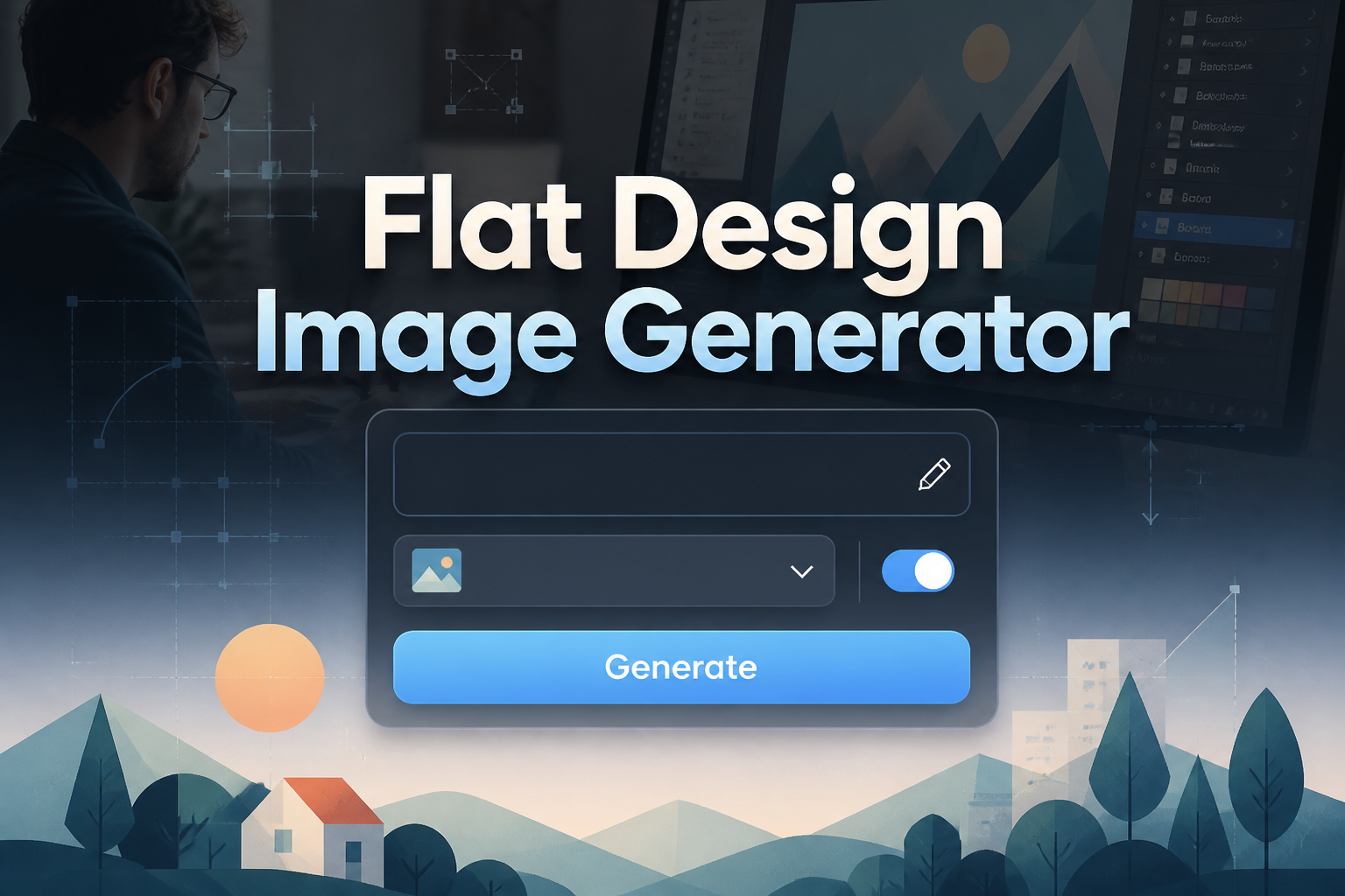 Centered hero UI for Flat Design Image Generator shows a smart panel with prompt field, style dropdown, flat illustration toggle, and Generate button, fading into a designer scene with layered vector shapes and subtle grid hints.