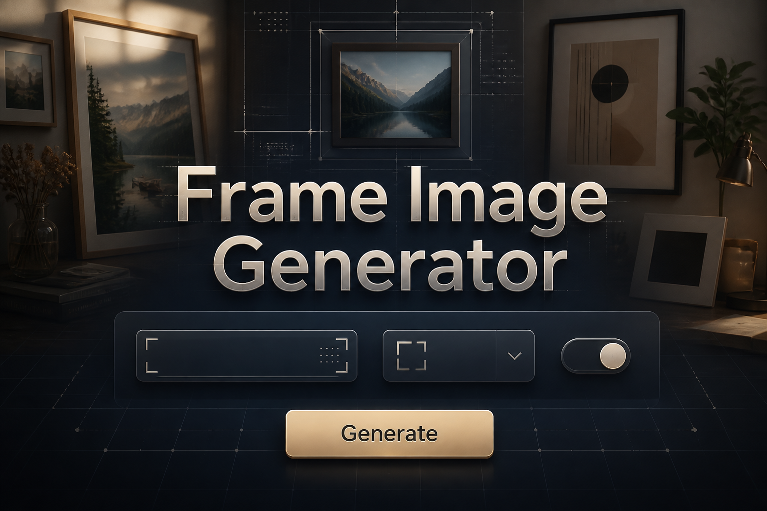 Centered hero graphic for Frame Image Generator showing a polished UI panel with frame size input, frame style dropdown, aspect fit toggle, and a Generate button, over framed photos and mockups with subtle grid lines and premium tool design.