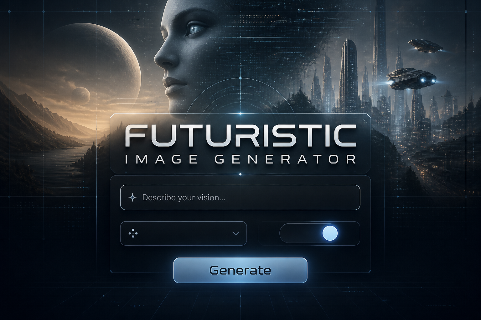Centered futuristic hero panel with the text Futuristic Image Generator in a sleek sci-fi font, a prompt input, style dropdown, creative toggle, and Generate button, plus subtle grid lines and AI visual creation background.