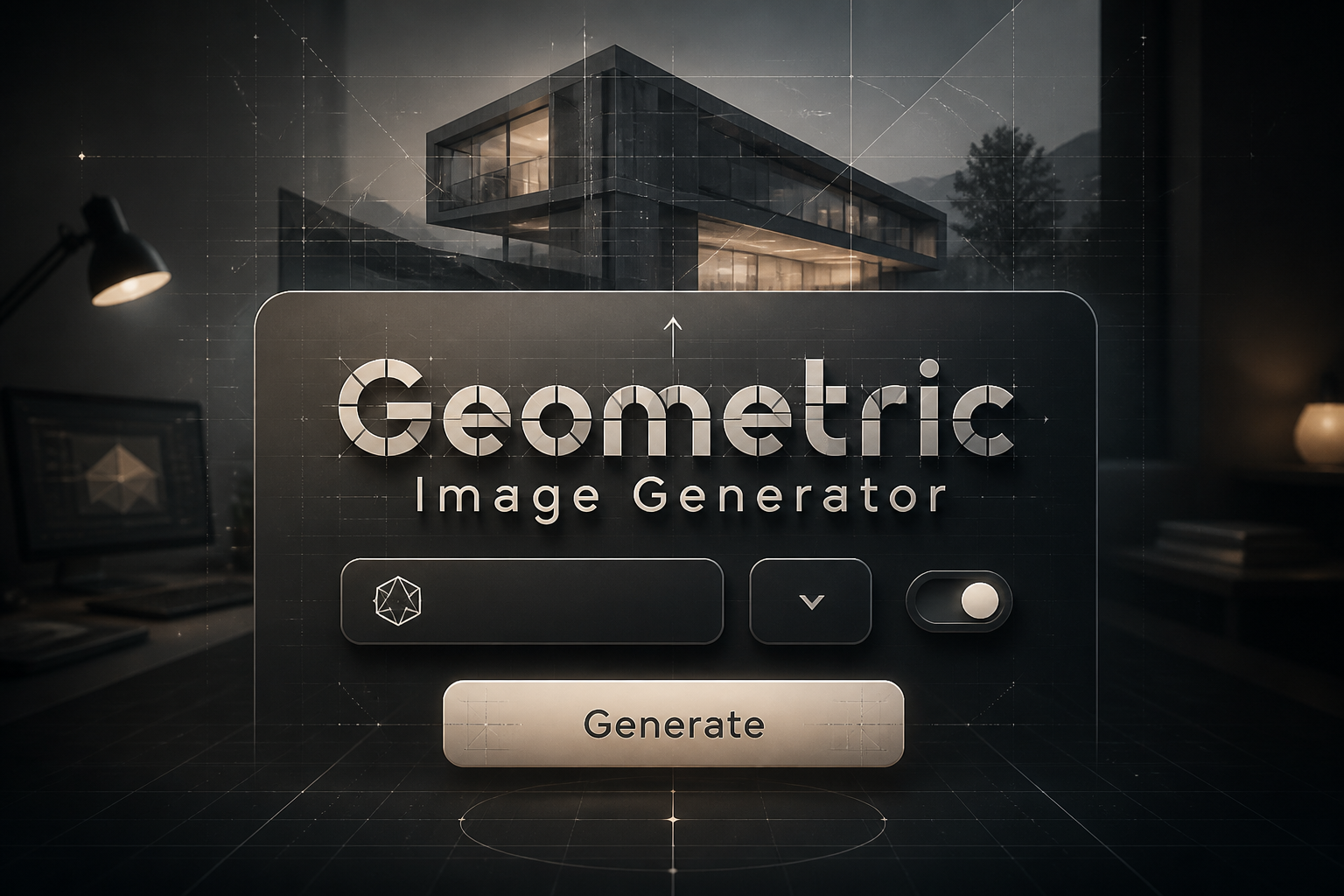 Featured hero image for a geometric image generator tool, showing the title Geometric Image Generator above a sleek centered UI panel with a shape style input, blank dropdown, geometry toggle, and Generate button over a polished grid-inspired digital design background.