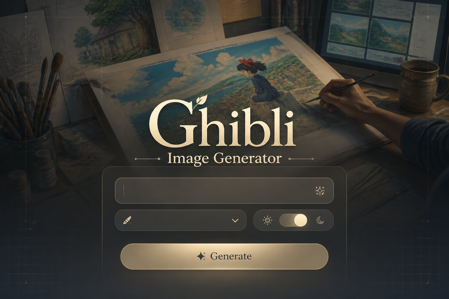 Centered hero UI for a Ghibli Image Generator with a soft-shadow title, prompt field, style dropdown, mood toggle, and Generate button over a premium hand-painted animation-inspired background with subtle grid markers.