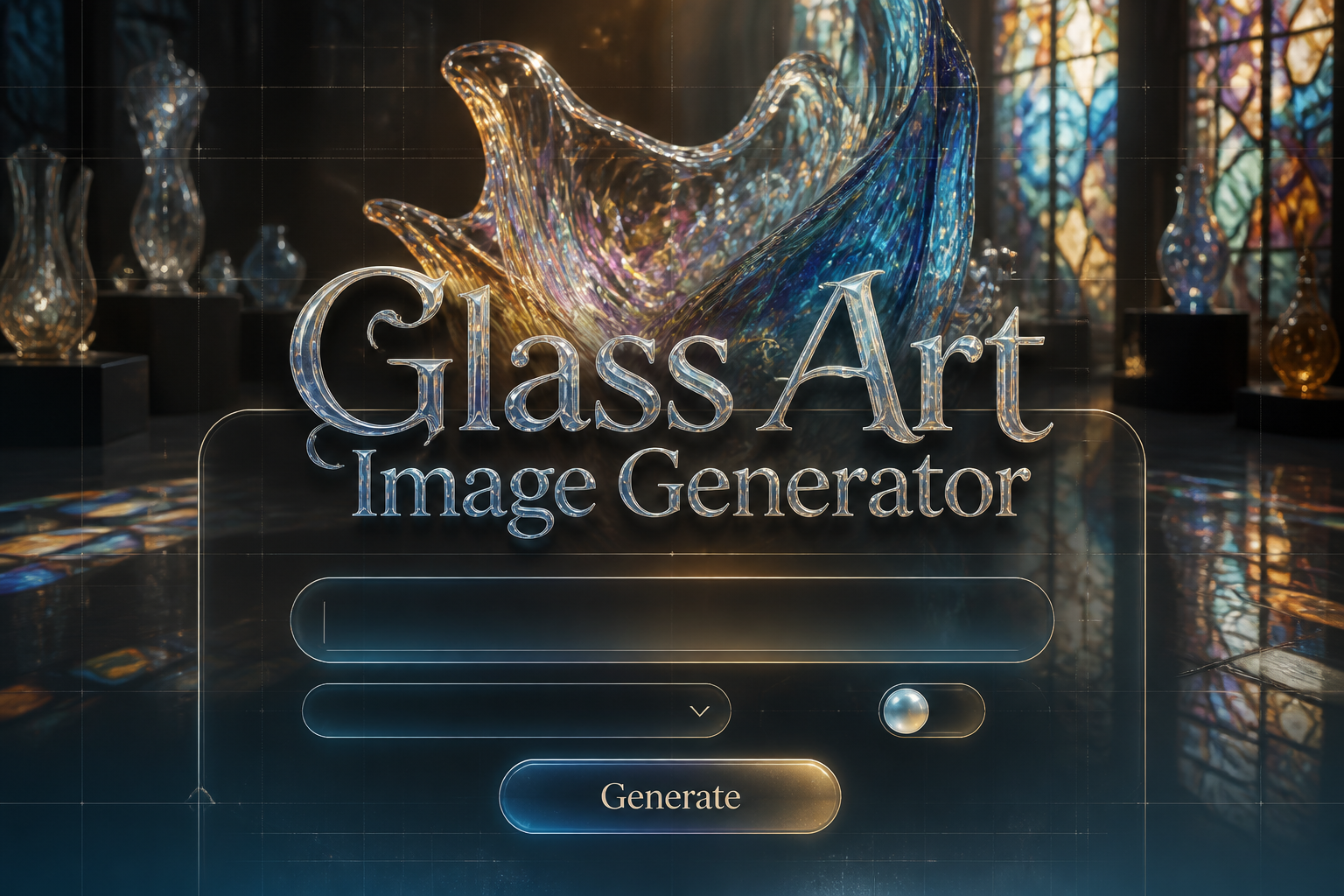 Centered hero UI for a glass art image generator with a glassy title, one prompt field, style dropdown, shimmer toggle, and Generate button over luminous stained-glass sculpture reflections and subtle grid precision.