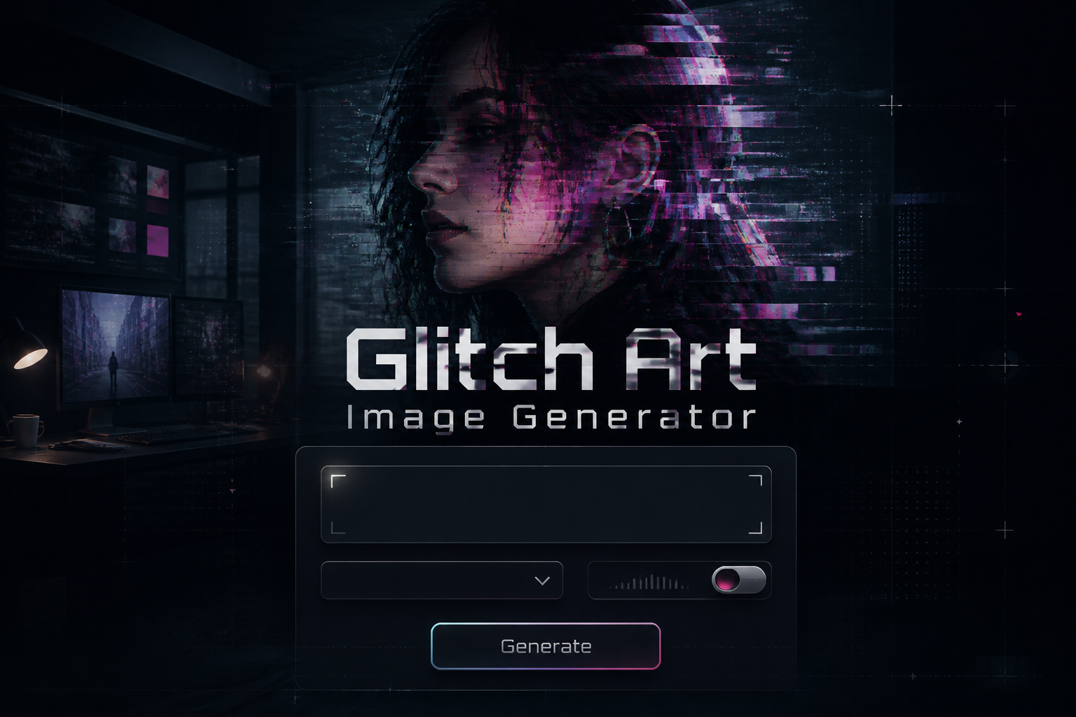 Centered futuristic hero graphic for a glitch art image generator tool with the title Glitch Art Image Generator above a refined panel showing a prompt input, compact dropdown, distortion intensity toggle, and Generate button over a sleek glitch-art-image-generator interface with faint grid accents and subtle digital distortion.