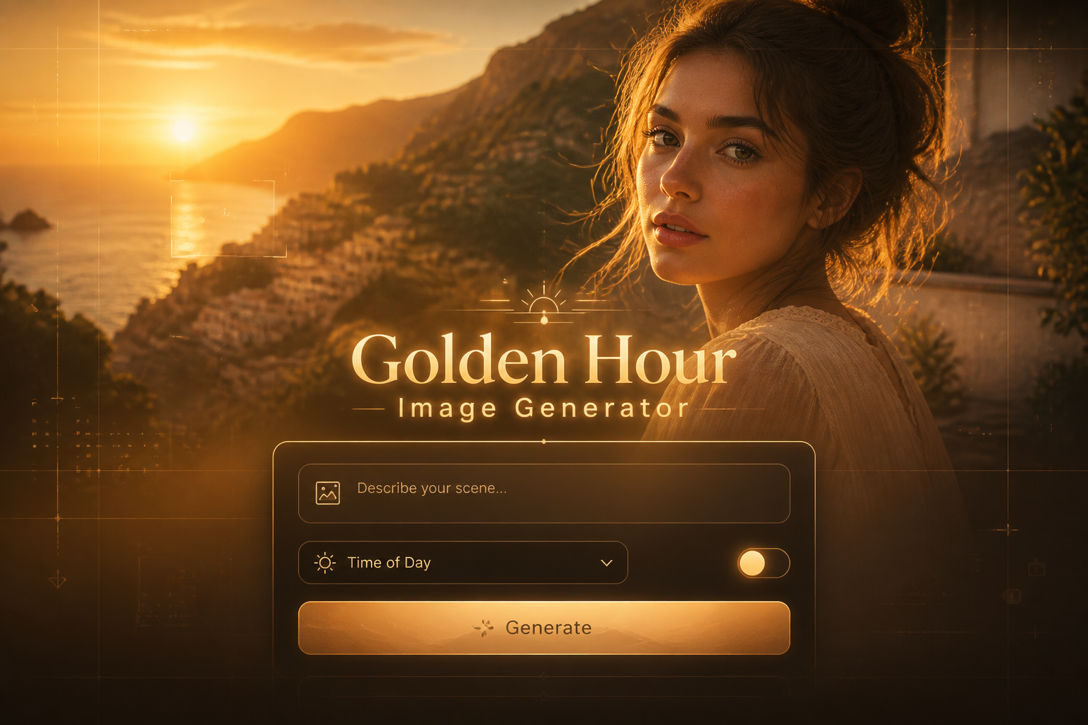 Centered premium hero UI for Golden Hour Image Generator with luminous title text, prompt input, time-of-day dropdown, warm glow toggle, and Generate button over a sunlit portrait-landscape background with subtle grid lines and amber tones.