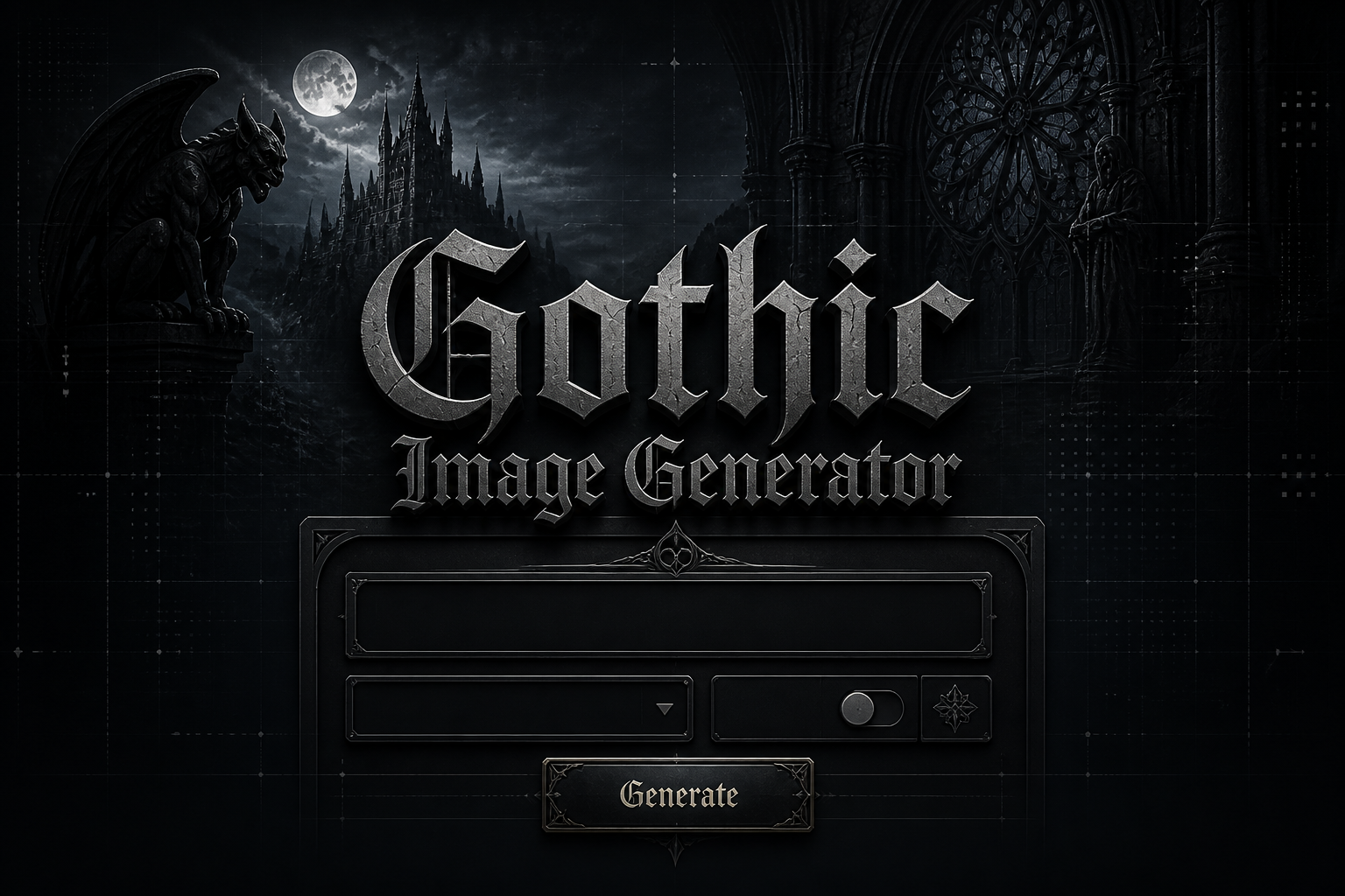 Centered gothic hero UI with the title Gothic Image Generator in deep shadow lettering, a dark prompt field, compact style dropdown, ornate details toggle, and Generate button, set over a premium gothic image generator interface with subtle grid lines and a fading gothic scene.