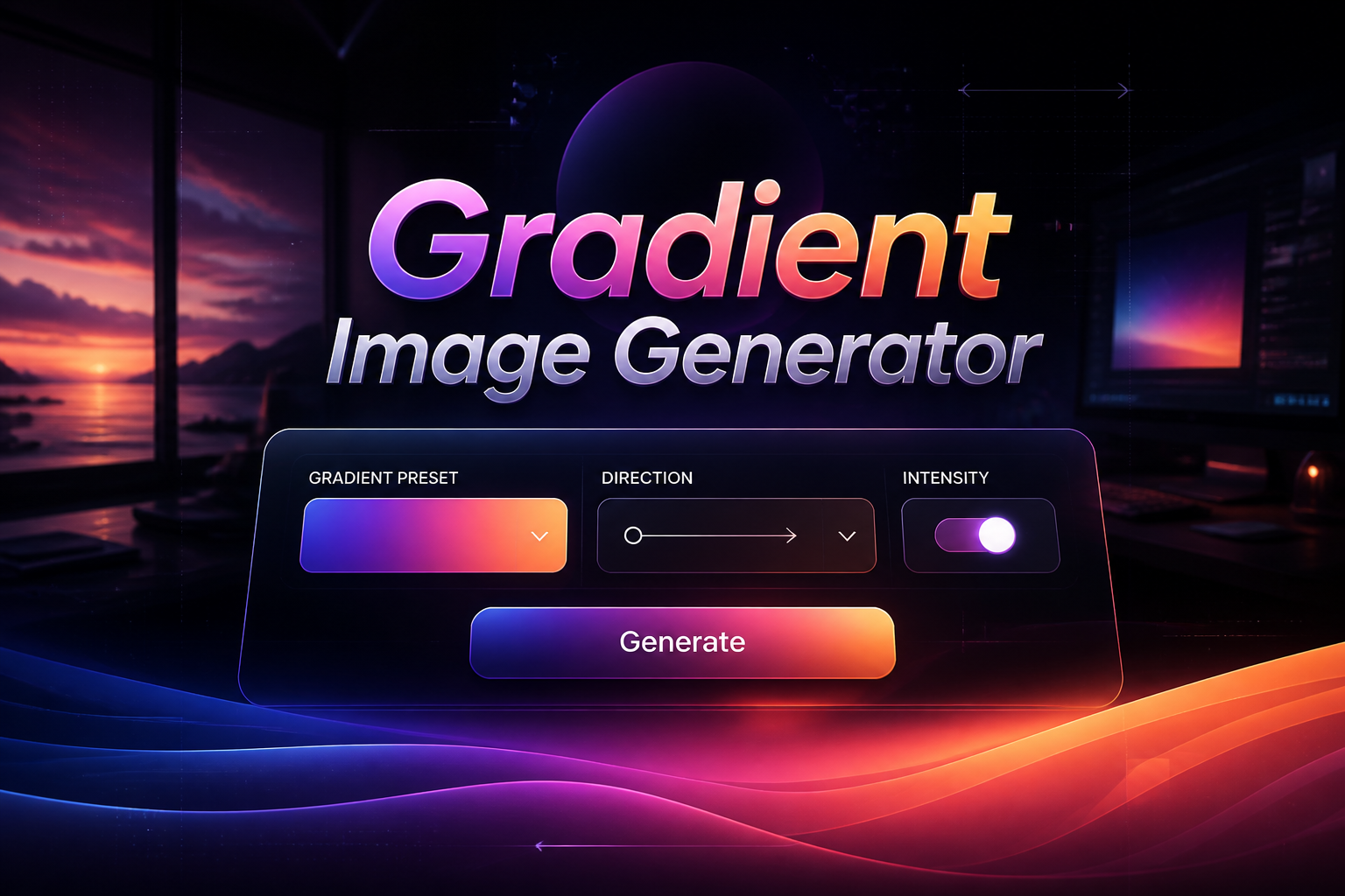 Centered smart UI hero graphic with the title Gradient Image Generator, a gradient preset field, color direction dropdown, intensity toggle, and Generate button, plus layered gradient bands and a sleek image gradient creator interface.