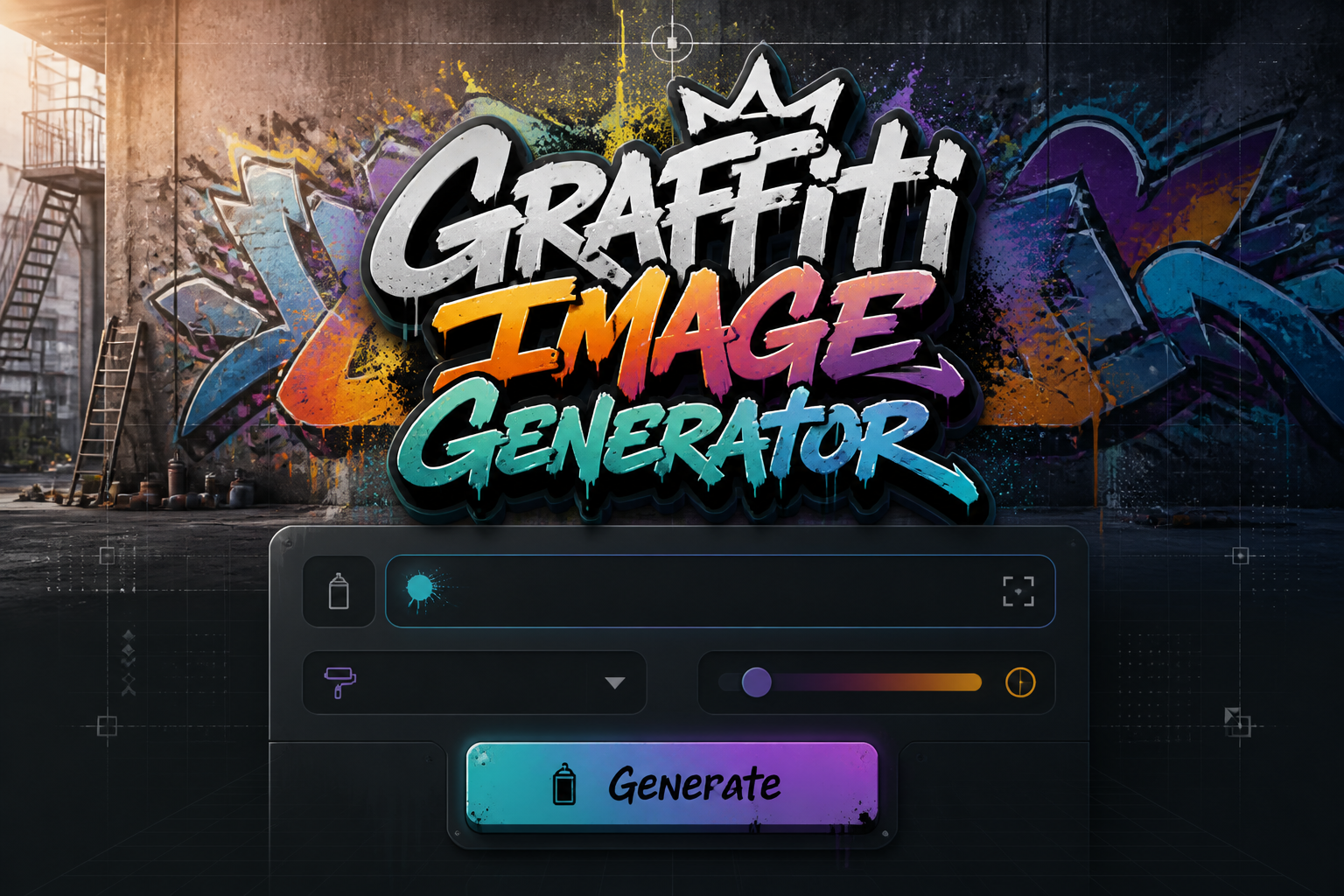 Centered hero graphic for a graffiti image generator with bold "Graffiti Image Generator" text and deep black shadow, a sleek prompt input, style dropdown, color intensity toggle, and Generate button over a dark urban wall art UI background.