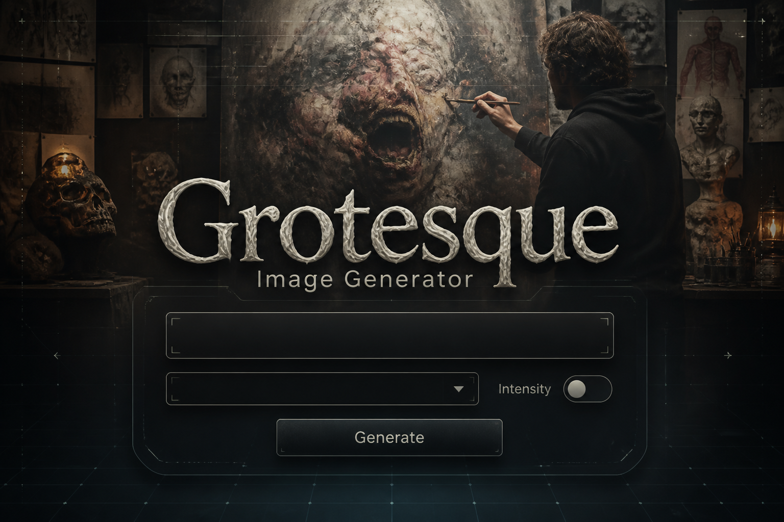 Centered hero graphic for a grotesque image generator showing the title, a refined panel with one prompt field, dropdown, intensity toggle, and Generate button, plus subtle grid lines and premium UI details for AI image generation.